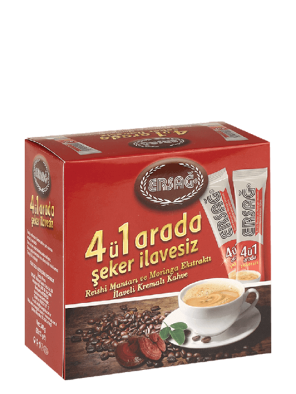 Ersağ Reişi Mantarı ve Moringa İlaveli 4'ü 1 Arada Kahve, günlük kahve ritüelinizi zenginleştirecek özel bir karışımdır. Her pakette 12 gram olan bu kahve, sizi hem lezzetli hem de pratik bir deneyime davet ediyor.