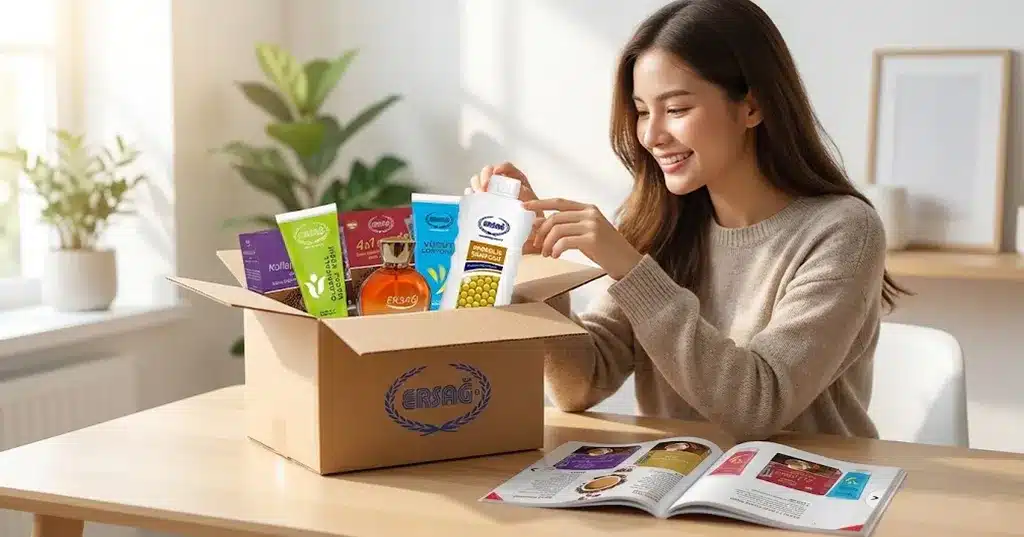 Ersağ kargosunu masada açarak içindeki ürünleri ve Ersağ kataloğunu inceleyen genç kadın.