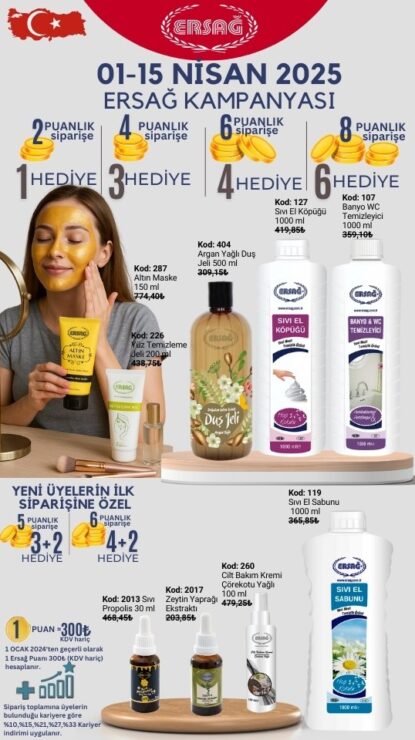 Ersağ Nisan 2025 Hediye Kampanyası – Altın Maske, Yüz Temizleme Jeli, Argan Yağlı Duş Jeli, Sıvı El Köpüğü ve Banyo WC Temizleyici