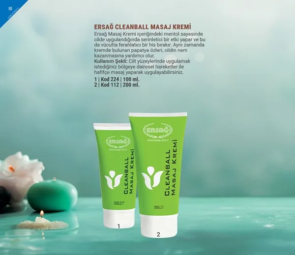 Ersağ CleanBall Masaj Kremi 100ml, rahatlatıcı masaj kremi, kas gevşetici krem, mentol ve bitkisel özlü krem.