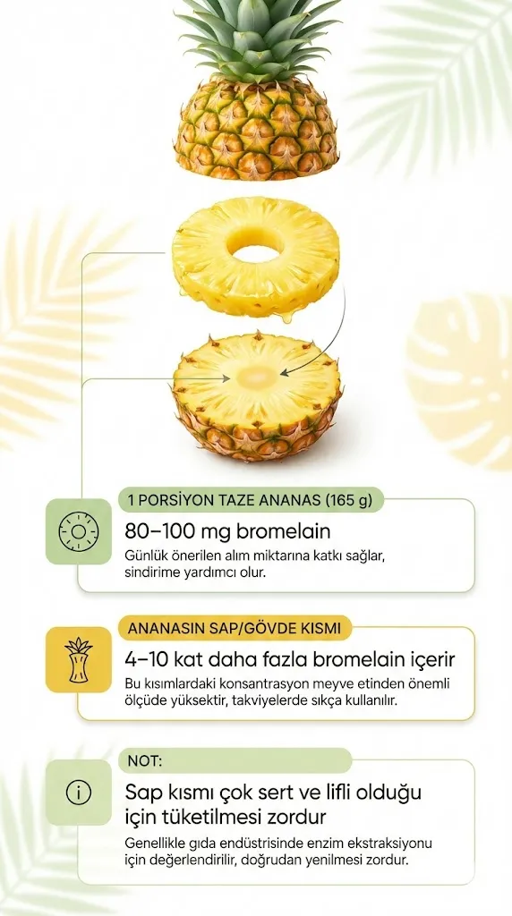 Dikey formatta hazırlanmış infografik; bir bütün ananas, dilimlenmiş ananas ve sap kısmını gösteren görseller üzerinde ‘1 porsiyon taze ananas 80–100 mg bromelain içerir’ bilgisinin yer aldığı, bromelain oranlarını anlatan bilgilendirici grafik.