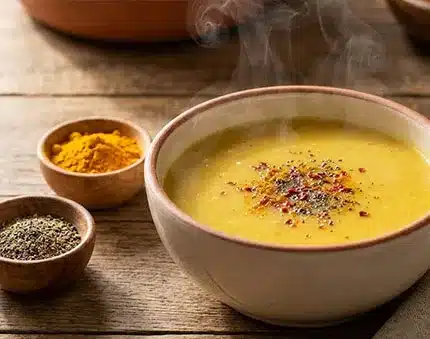 Dumanı tüten sarı mercimek çorbası, yanında zerdeçal ve karabiber