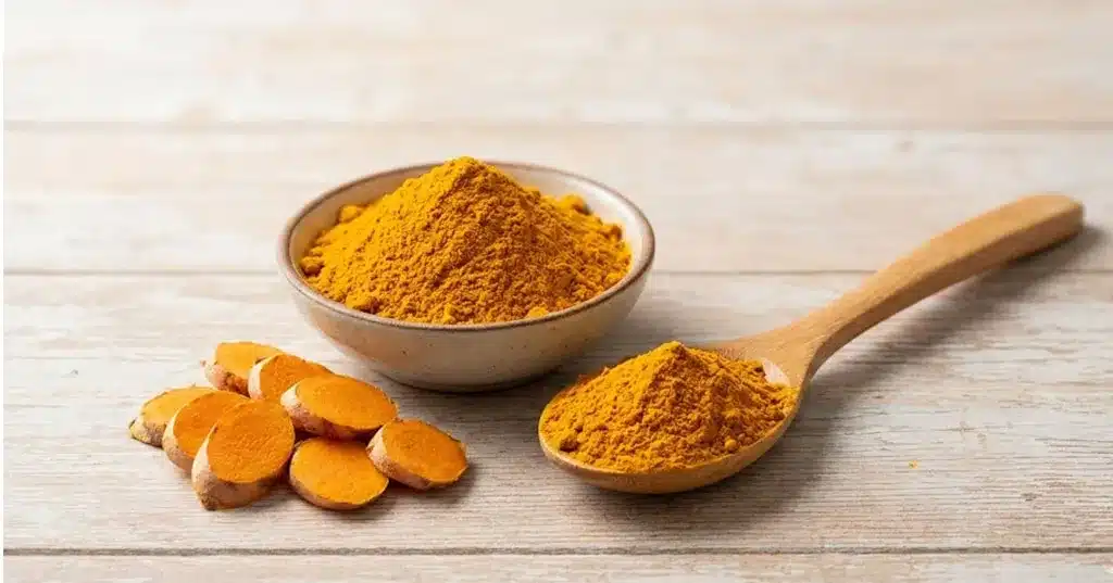 Dilimlenmiş taze zerdeçal kökü ve bir kâsede tahta kaşıkla sunulan zerdeçal tozu.