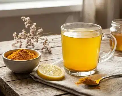 Limon ve bal eşliğinde hazırlanmış sıcak zerdeçal çayı