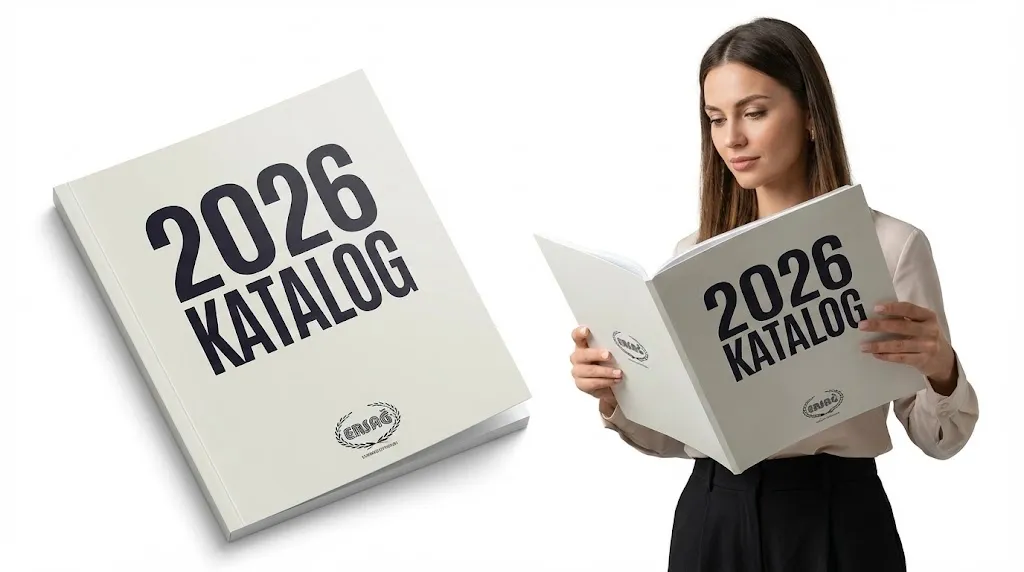 Ersag 2026 Kataloğunu inceleyen kadın, beyaz arka planda belden yukarı görünüm, Ersağ ürün kataloğu tanıtım görseli.