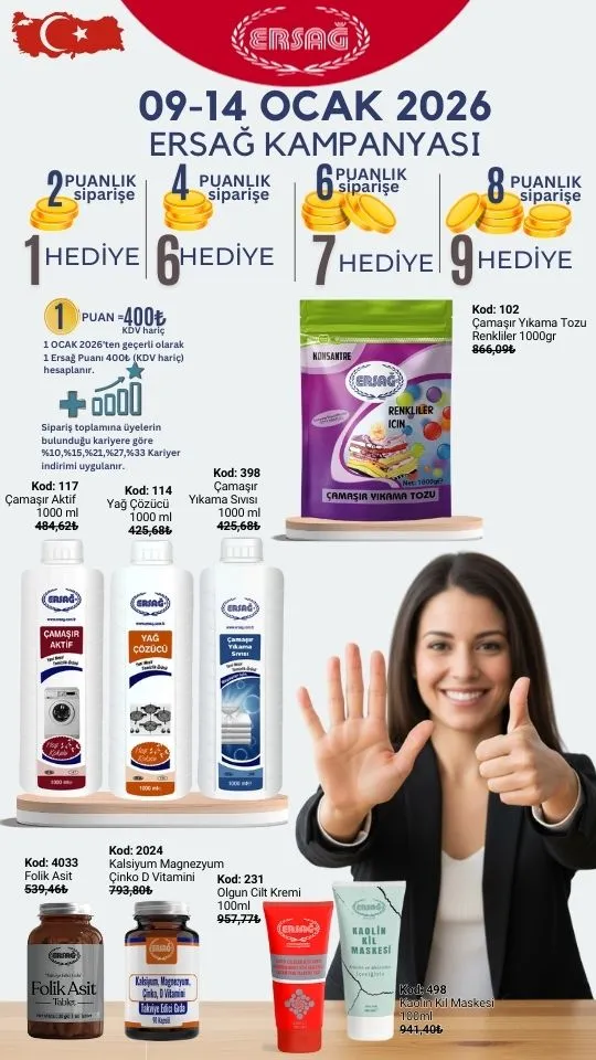 Ersağ 2026 Ocak İlk Kampanya Duyurusu Ersağ Ocak 2026 8'de 6 hediye kampanyası promosyon duyuru bannerı ve yeni yıl fırsatları.