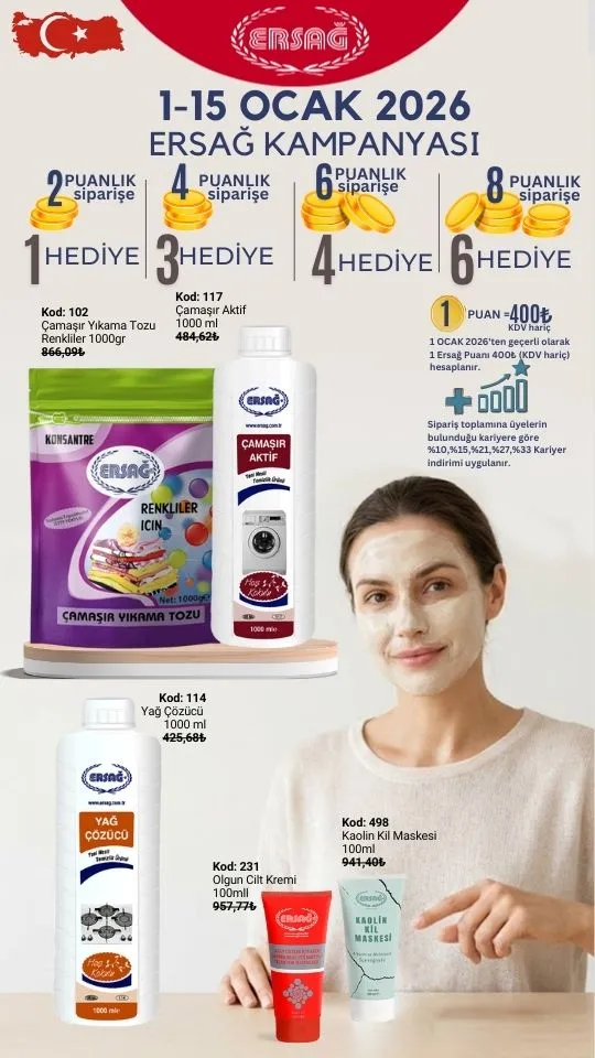 Ersağ 2026 Ocak İlk Kampanya Duyurusu Ersağ Ocak 2026 5'te 3 hediye kampanyası promosyon duyuru bannerı ve yeni yıl fırsatları.