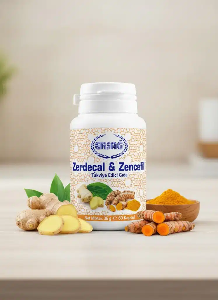 Ersağ Zerdeçal & Zencefil Takviye Edici Gıda - Zerdeçal kökü, zencefil ve kapsül şişesi içeren profesyonel stüdyo ürün fotoğrafı, doğal içerik vurgusu