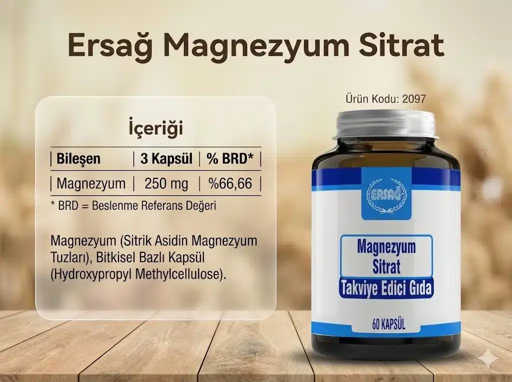 Ersağ Magnezyum Sitrat 2097 – takviye edici gıda, magnezyum sitrat içeren kapsül form, Ersağ mineral ürünleri
